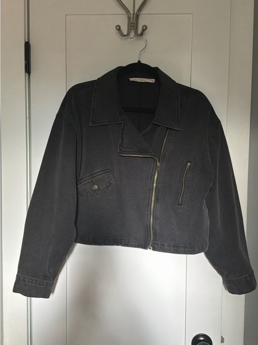 Ellison Washed Black Cropped Jean Moto Jacket